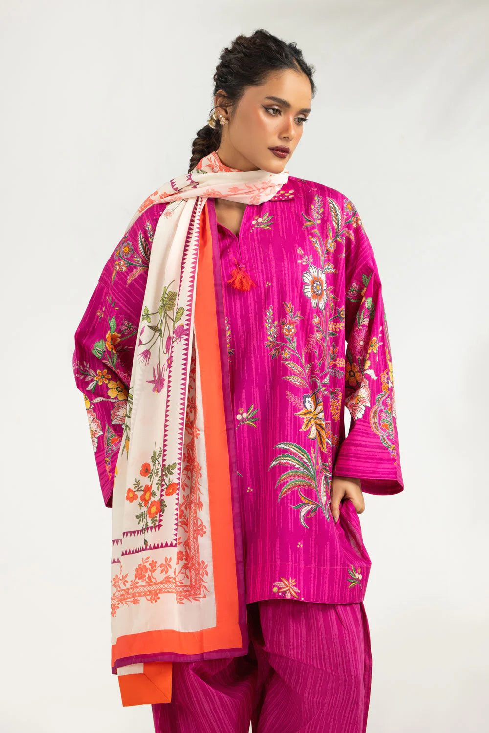 Pinkish | 3PC Printed Suit With Scarf