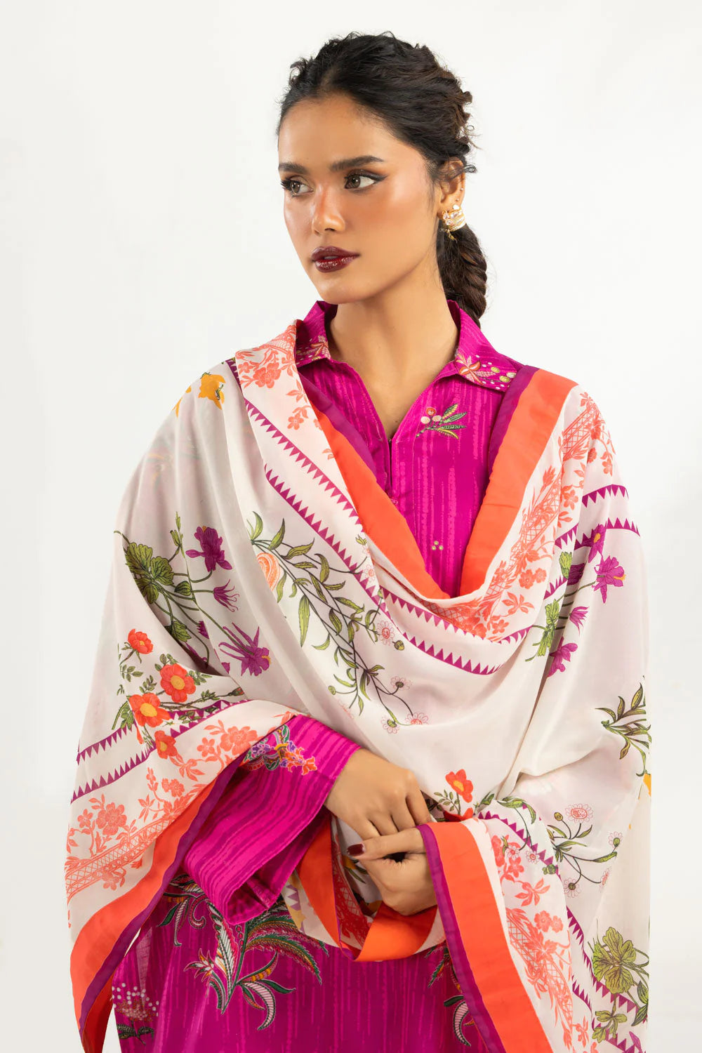 Pinkish | 3PC Printed Suit With Scarf