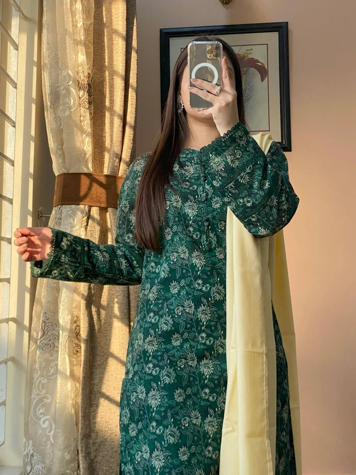Greenish Vibes Light Slub khaddar (READY TO WEAR)