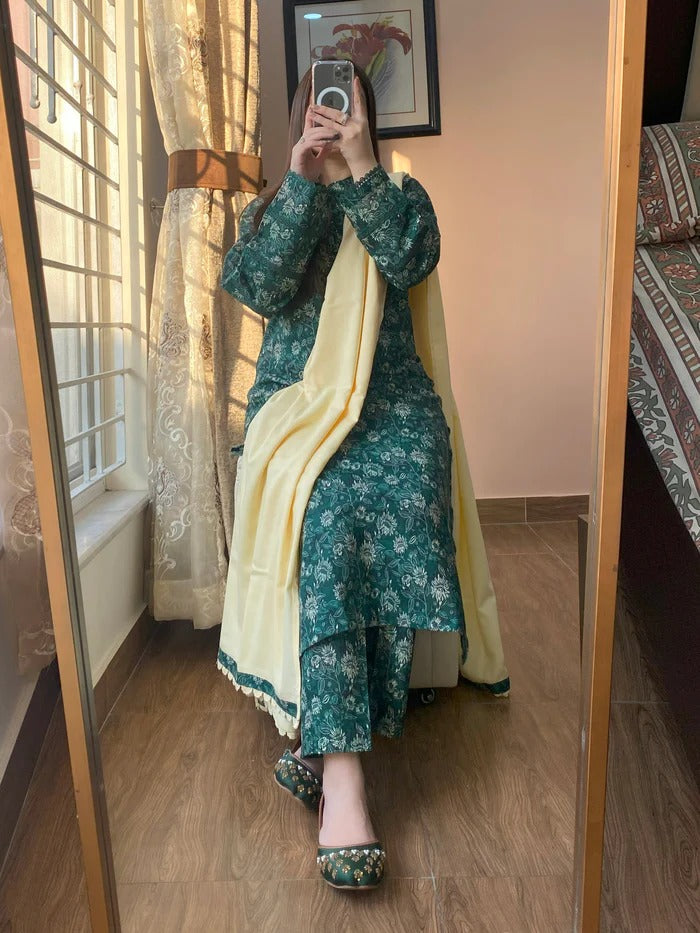 Greenish Vibes Light Slub khaddar (READY TO WEAR)
