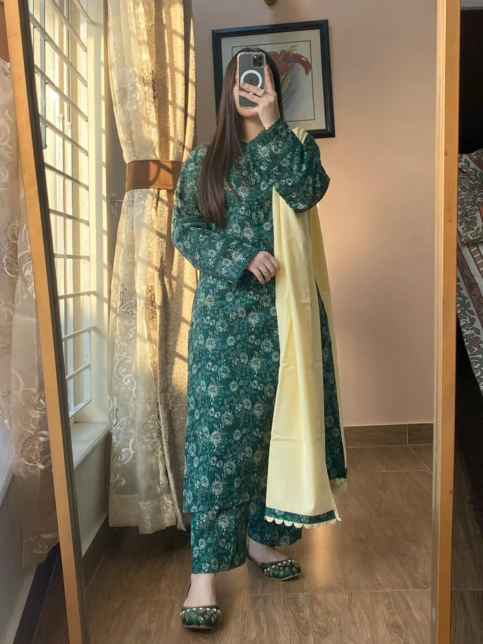 Greenish Vibes Light Slub khaddar (READY TO WEAR)