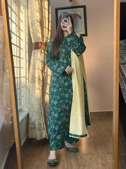 Greenish Vibes Light Slub khaddar (READY TO WEAR)